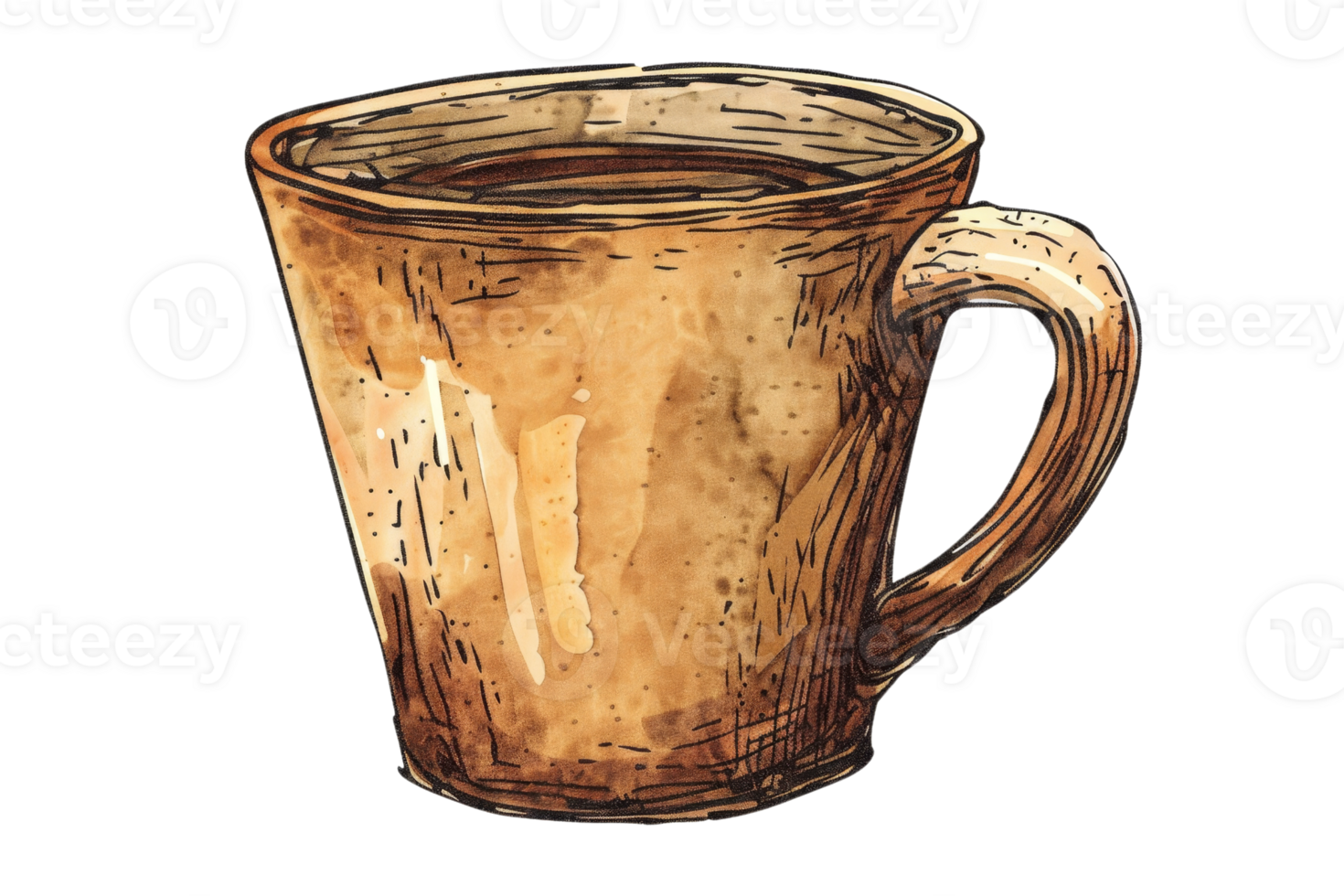 A cup with a handle is drawn in brown and white. The cup is filled with coffee png