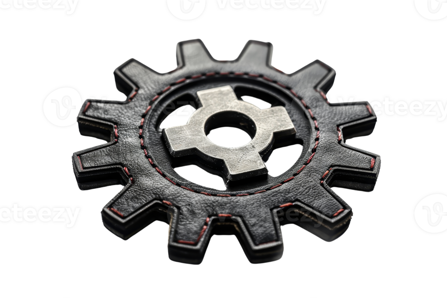 Close-up of a black leather gear with a metallic center isolated on a transparent background. showcasing industrial and mechanical themes. png
