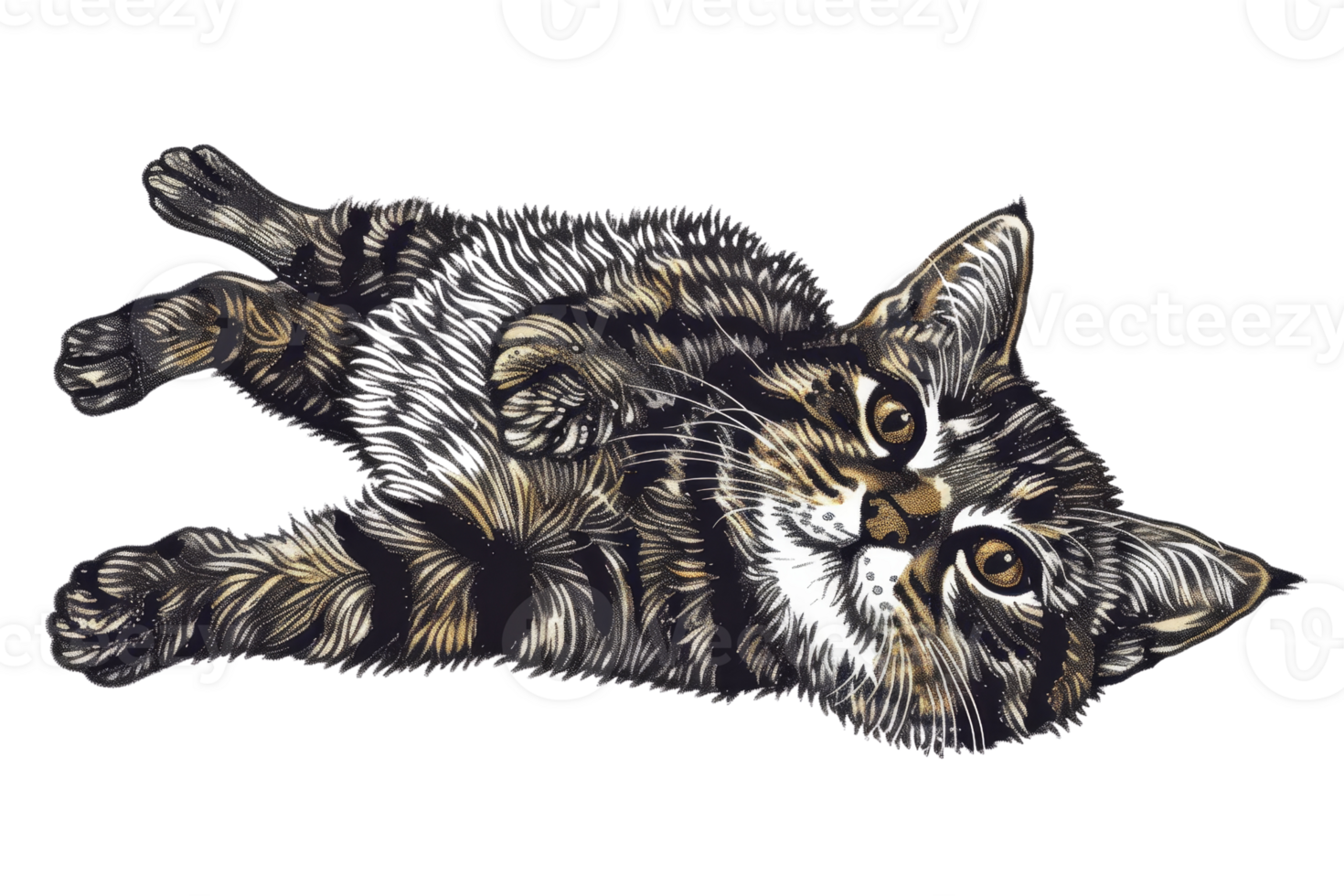 A cat is laying on a white background. The cat is looking at the camera png