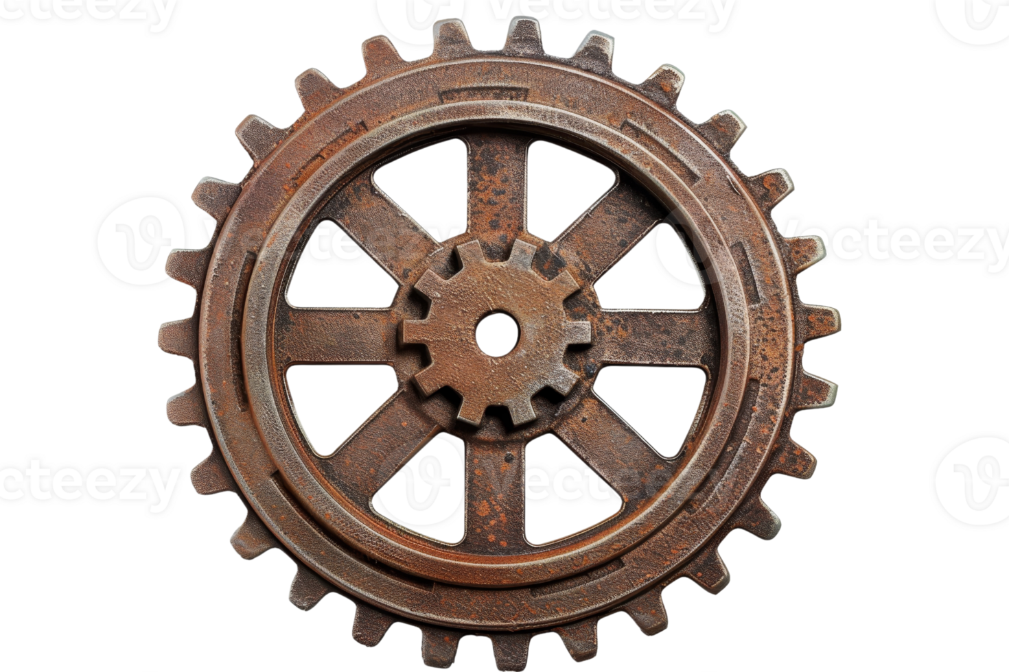 A rusted metal gear wheel with a hole in the center. The wheel is old and worn, and it has a vintage look to it. The wheel is surrounded by a white background, which emphasizes its rust and age png