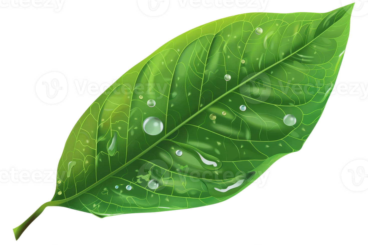 A leaf with water droplets on it. The leaf is green and has a shiny appearance png