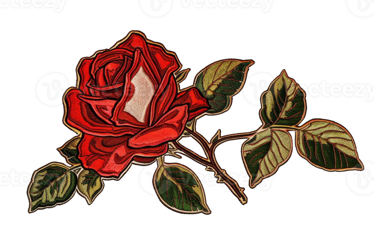 Elegant vintage red rose illustration with green leaves, perfect for botanical art, invitations, and decorative design projects. png