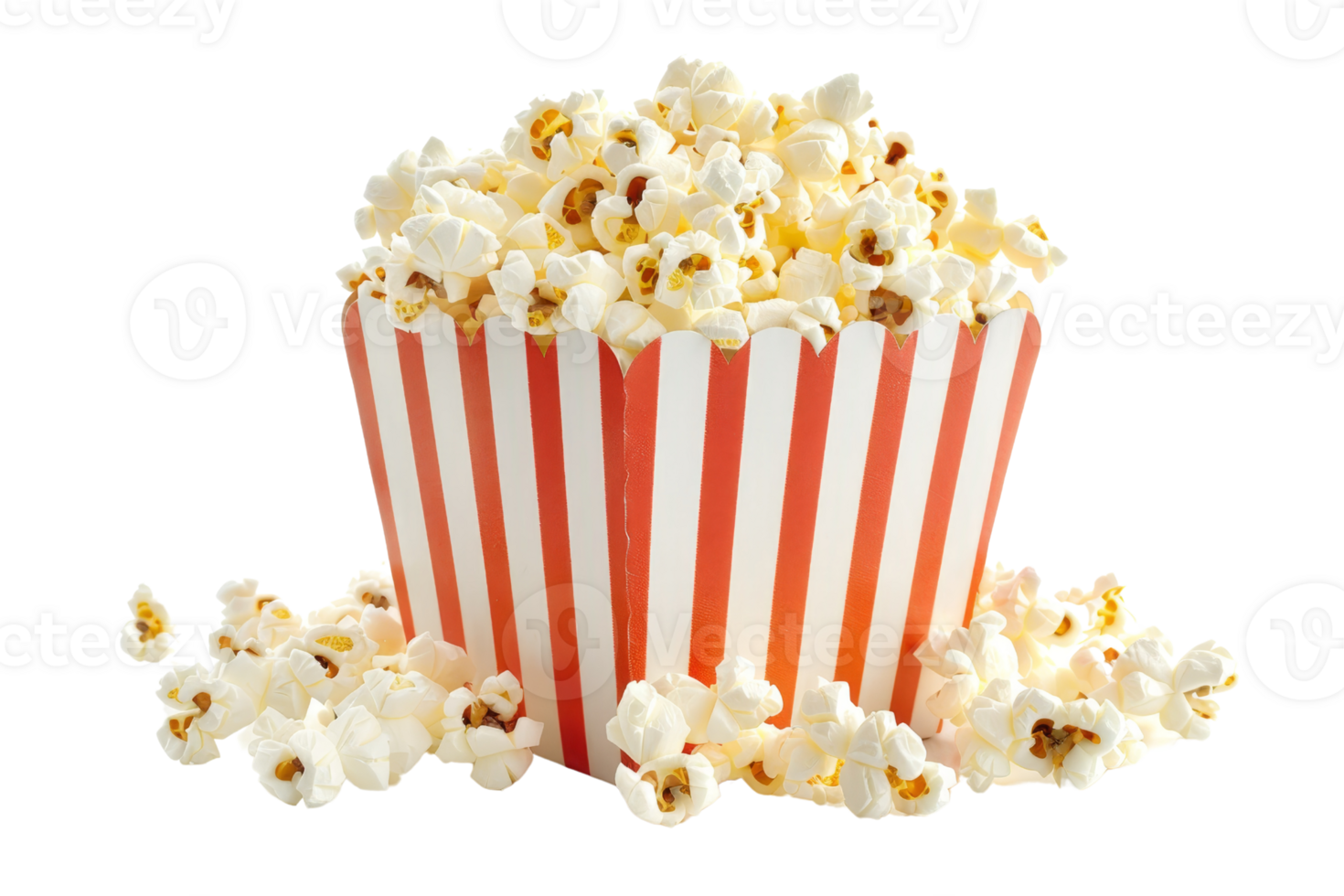 A red and white striped bucket filled with popcorn, with some popcorn scattered around it. Perfect for movie night or snack time. png