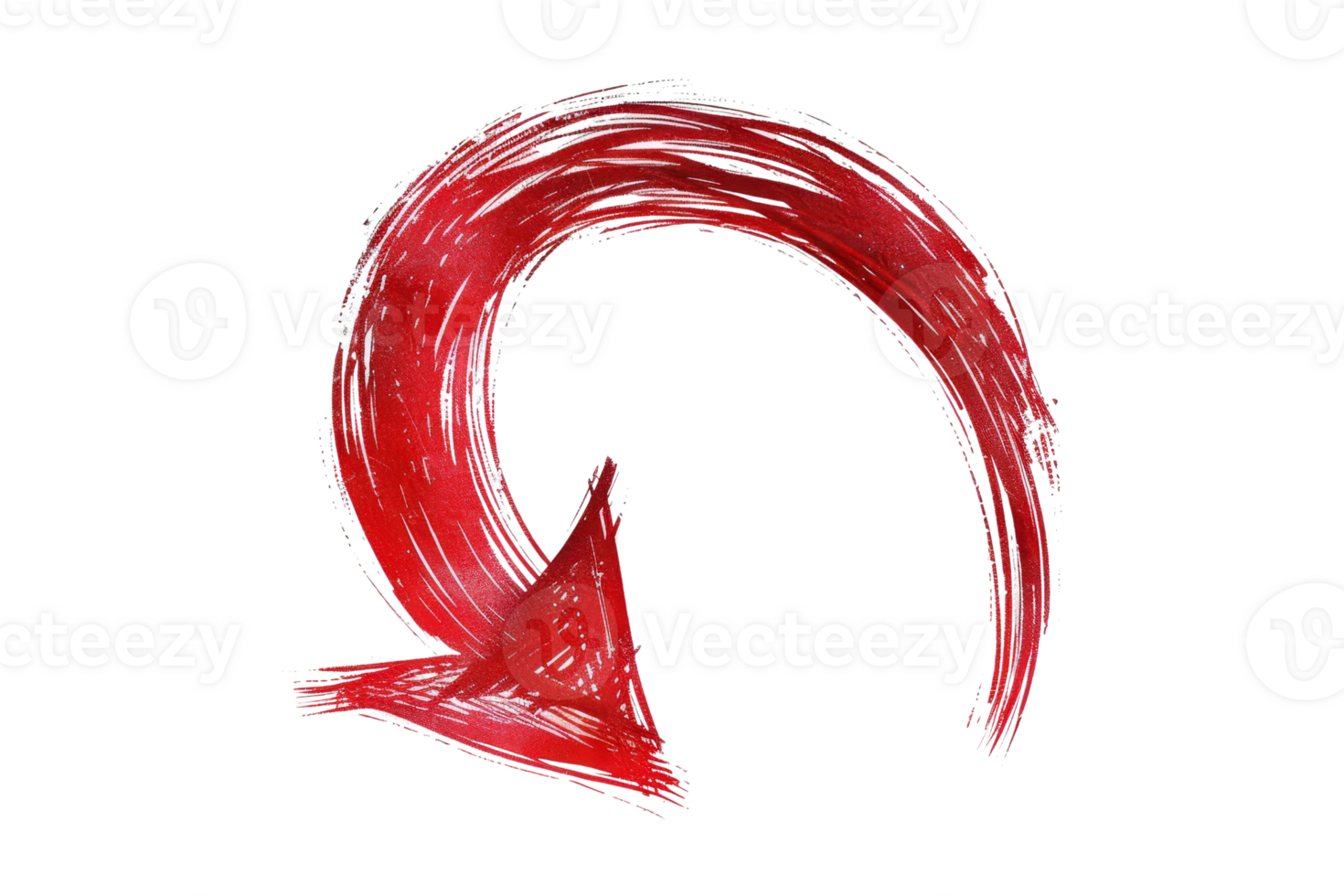 Hand-drawn red arrow forming a curved shape, pointing downward, on a transparent background, ideal for presentations and graphic design. png