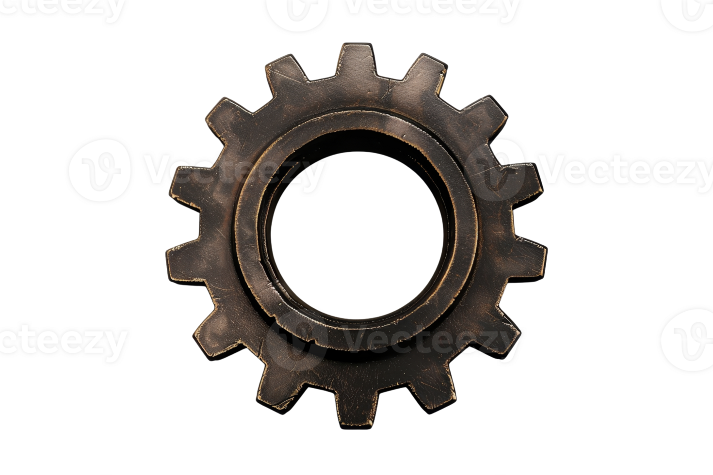 A round, rusted metal gear with a hole in the middle. The gear is old and worn, and it is a part of a larger machine. The image has a vintage, industrial feel to it png
