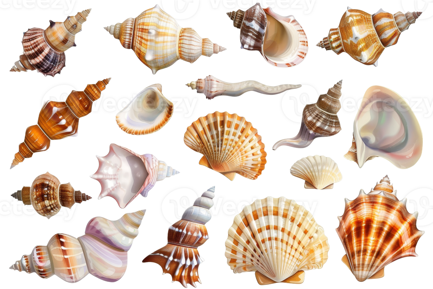 Collection of assorted seashells in various shapes and colors, perfect for beach-themed projects and decor ideas. png