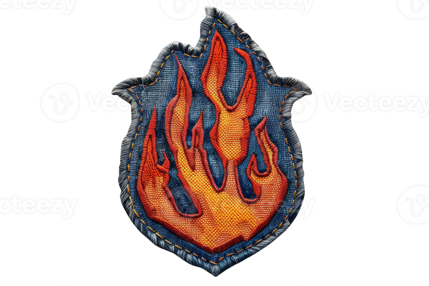 Vibrant embroidered patch featuring a fiery flame design on a denim-like background, perfect for adding a bold touch to clothing or accessories. png
