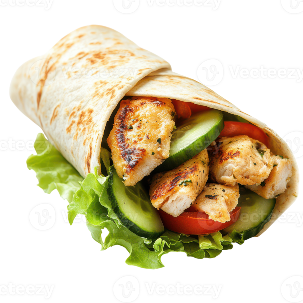 Chicken wrap with lettuce, tomatoes and cucumber png