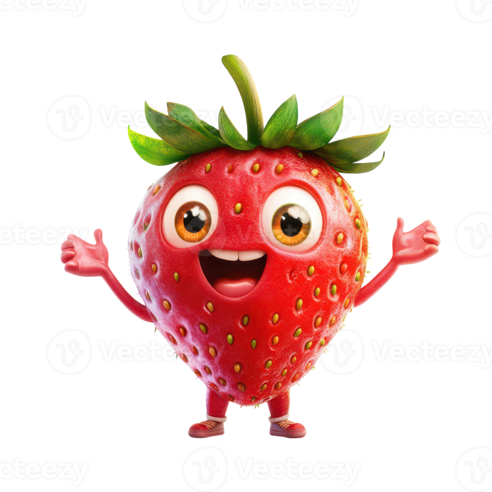 A strawberry with eyes and arms is holding up its hands png