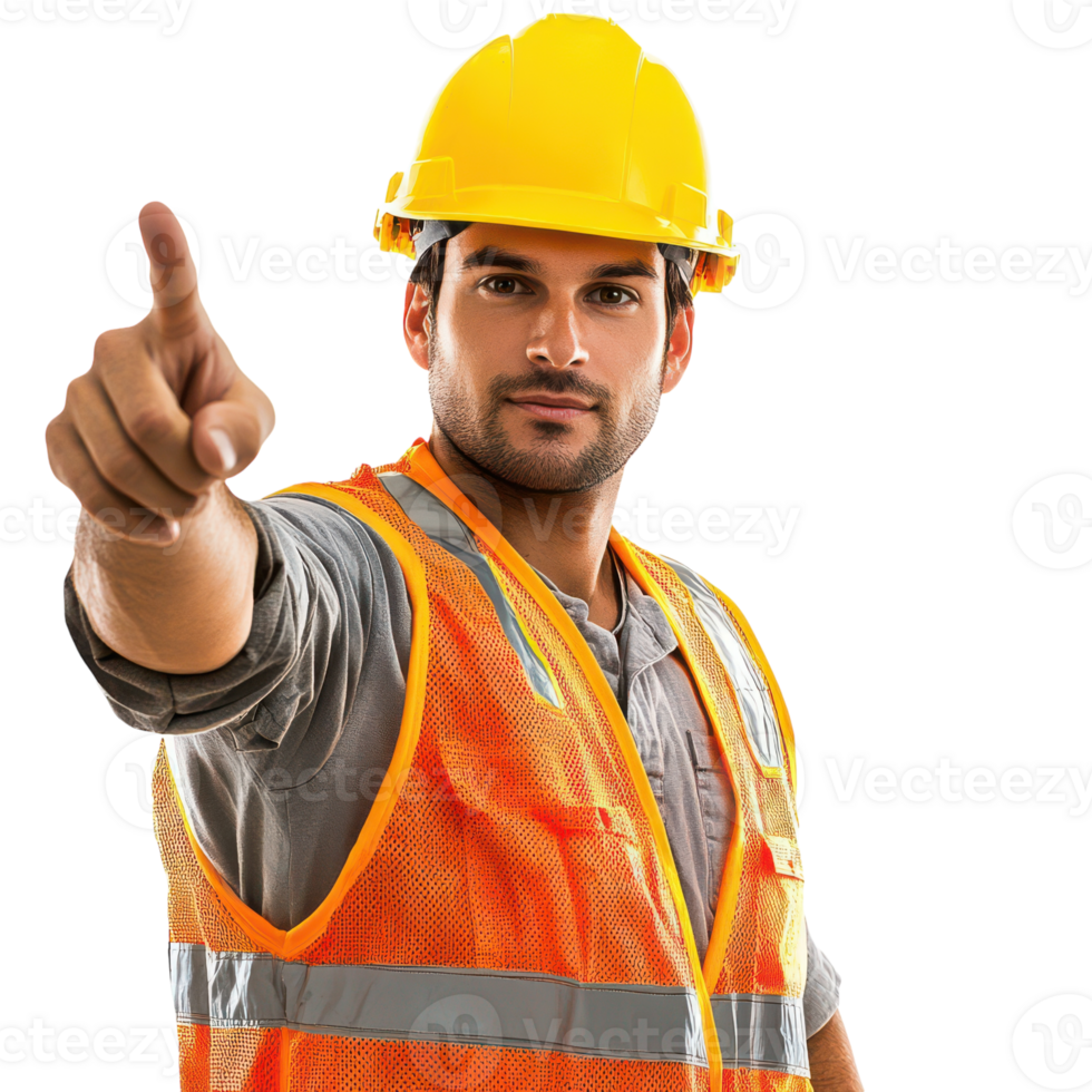 A man in an orange vest and hard hat pointing at something png