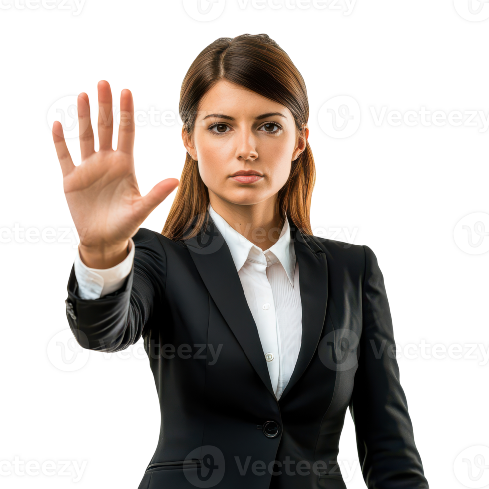 Businesswoman in suit showing stop sign png
