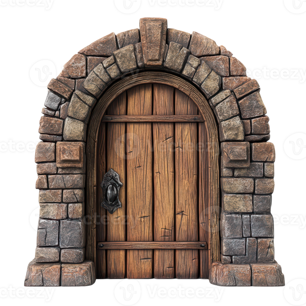 An old wooden door with stone walls and a wooden door handle png