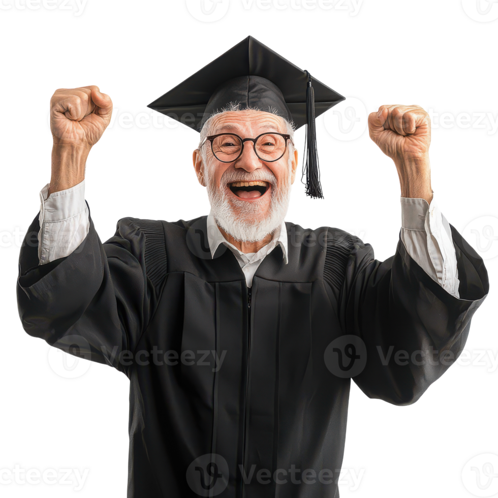 An old man in a graduation gown celebrating png