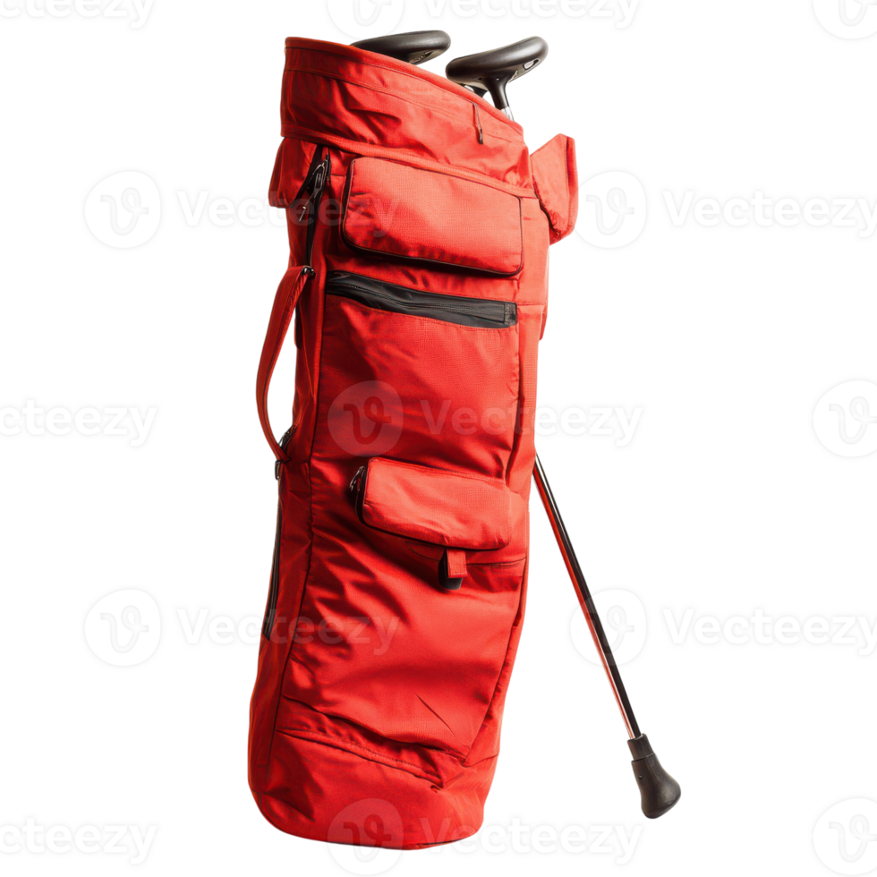 A red golf bag with a handle and a strap png
