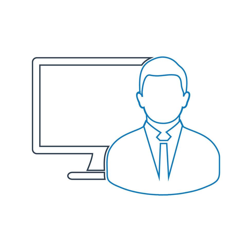 A man in a suit and tie is standing in front of a computer monitor vector