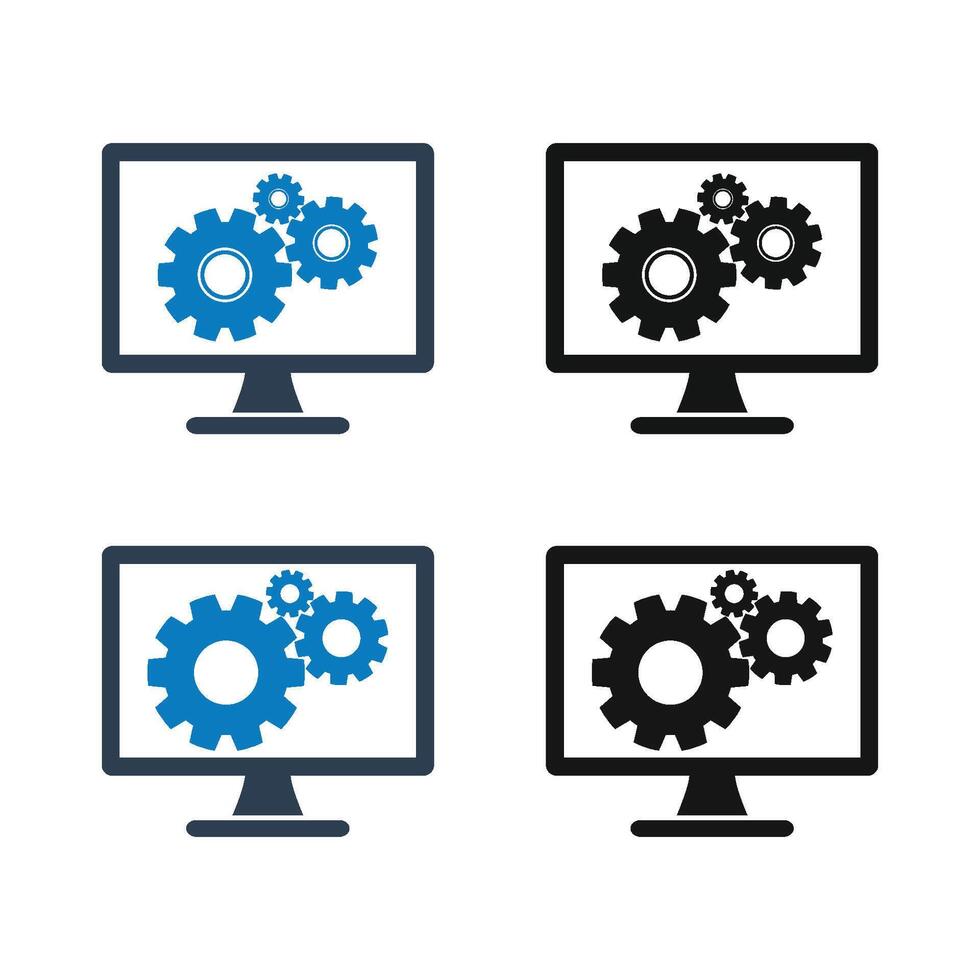 Computer monitor with gears icon set illustration vector