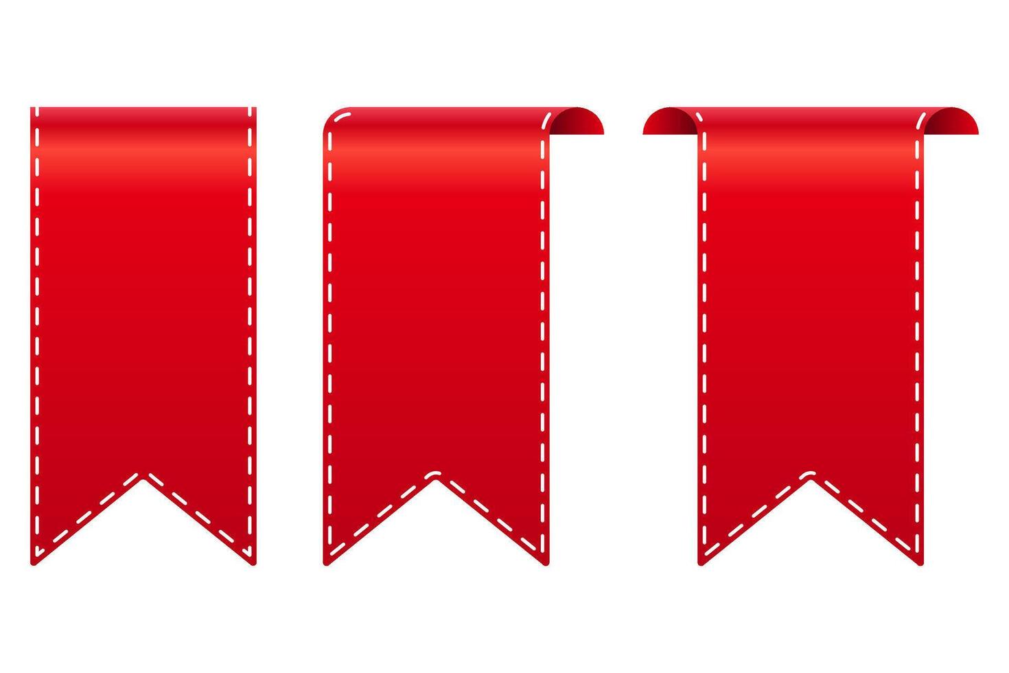 red ribbon set bookmark 3d gradient tag. white sewing thread. isolated image background. eps 10 vector
