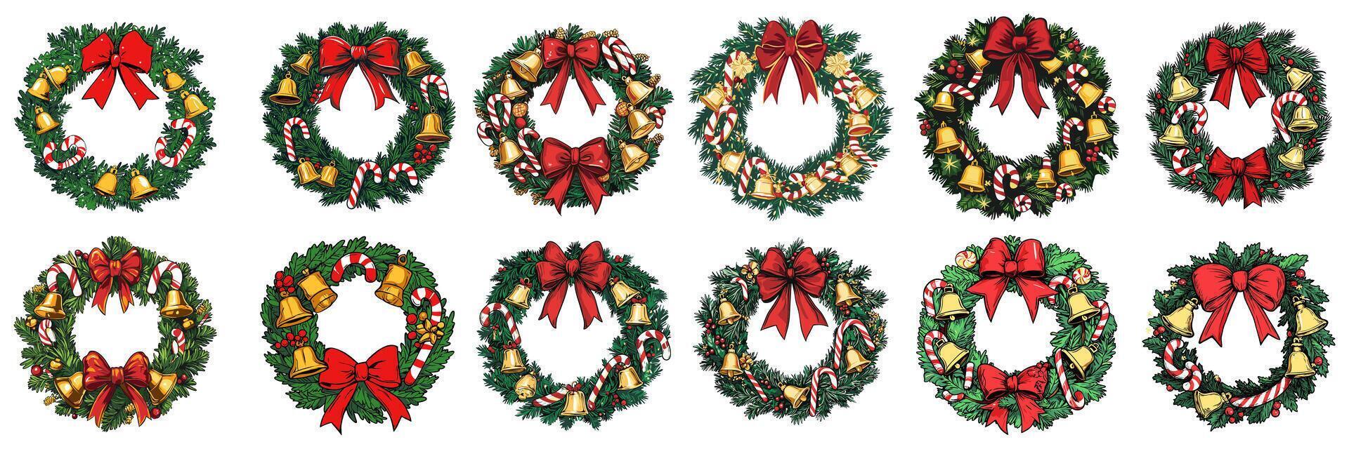 Set of christmas wreath circular rounded cartoon.isolated on white. vector