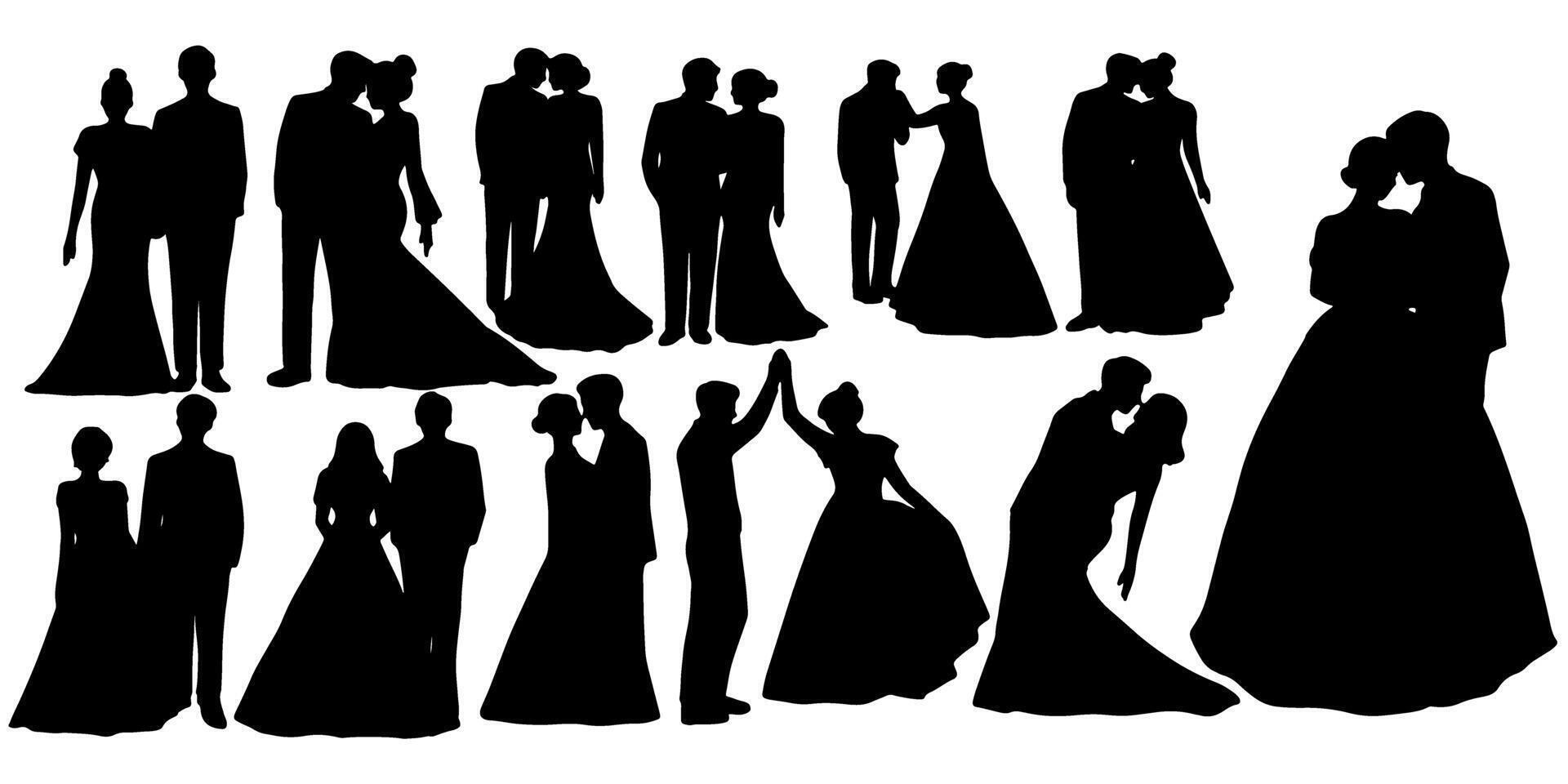 set of silhouette of couple people getting married vector