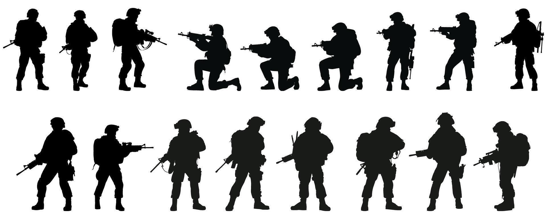 set of silhouettes army holding a gun weapon. isolated on a transparent background. eps 10 vector