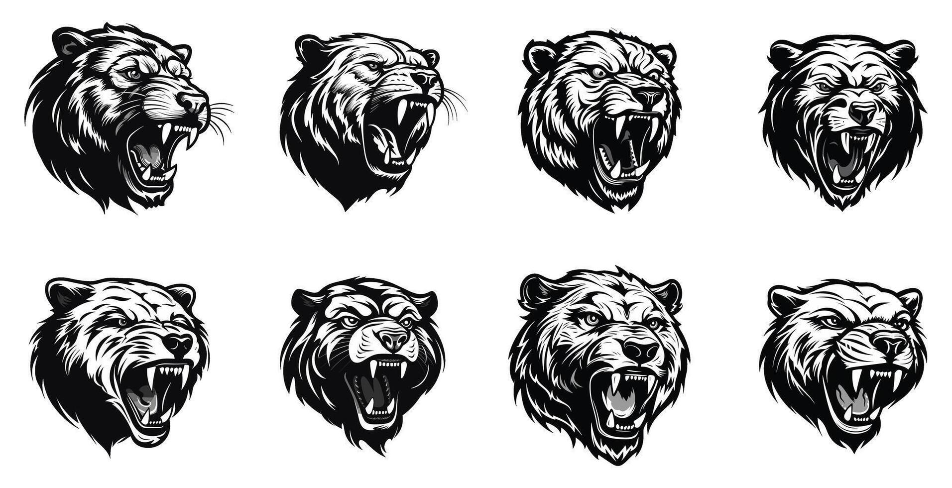 set of black and white bear head roaring logo. isolated on a transparent background. eps 10 vector