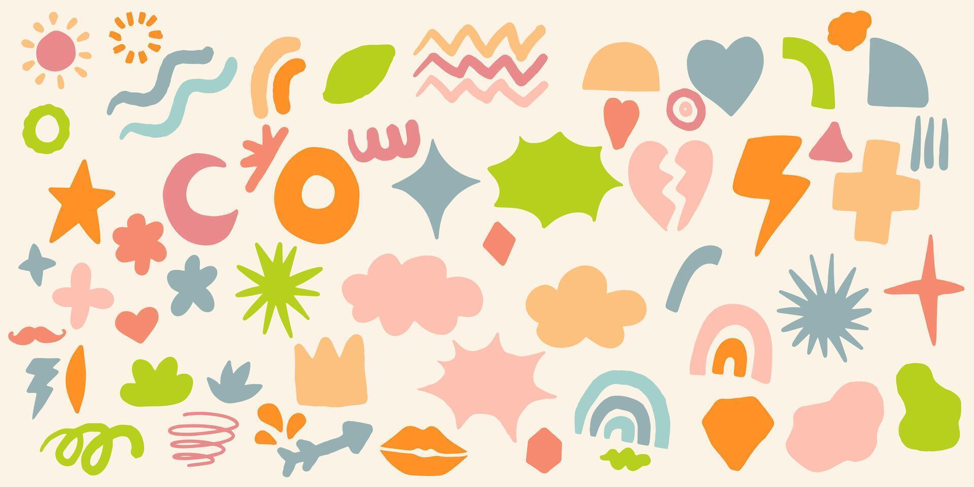 set of bold abstract objects element. handdrawn doodles. kids hand drawing. organic shapes. girl color. simple flower, thunder, cloud, line. eps 10 vector