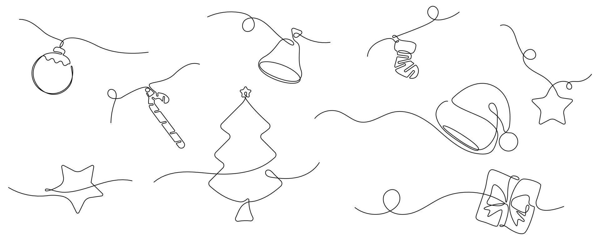 Christmas one continuous line including xmas pine tree, hanging ball, star, shock, candy, santa hat, gift box, and bell. Editable stroke. simple elements collection set . vector