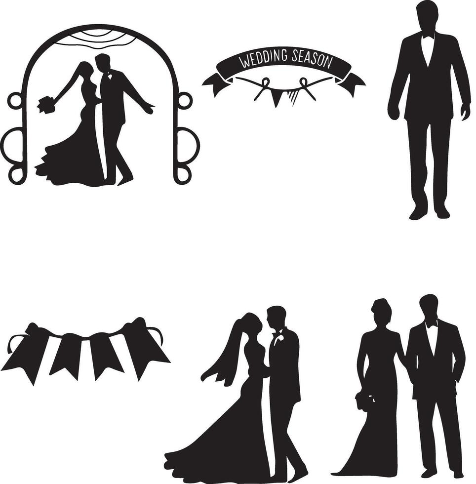 Wedding couple standing in flower decoration silhouette illustration vector