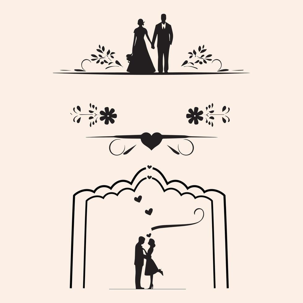 Collection of wedding couple standing in flower decoration silhouette illustration vector