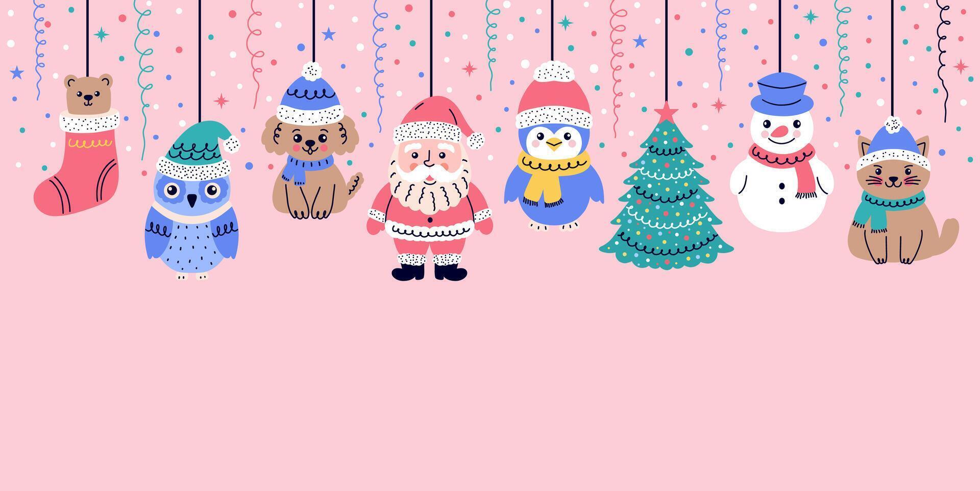 Christmas garland with doodle style toys on pink background. vector