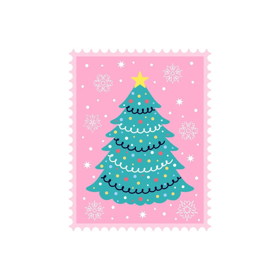 Christmas tree in doodle style. Postage stamp on white background. vector