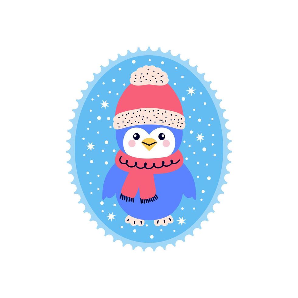 Winter penguin in doodle style. Postage stamp on white background. vector