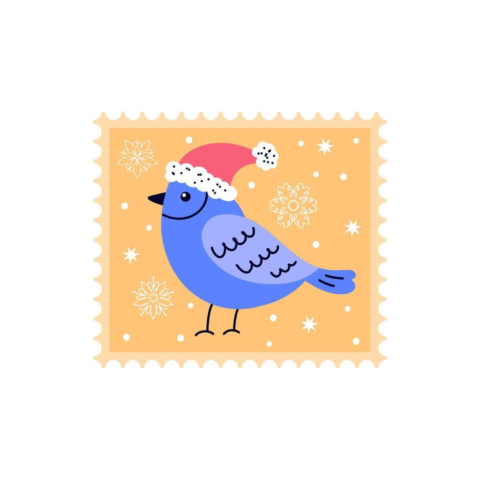 Cristmas bird in doodle style. Postage stamp on white background. vector