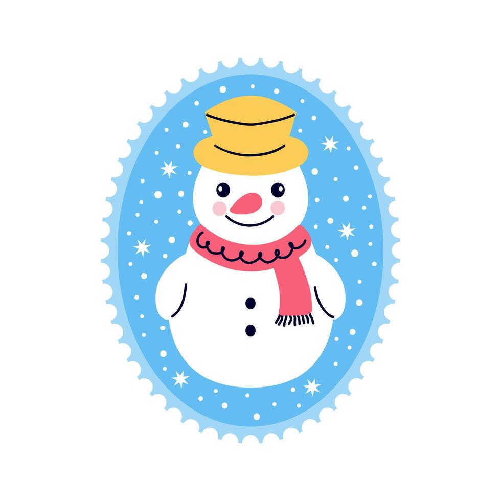Snowman in doodle style. Postage stamp on white background. vector
