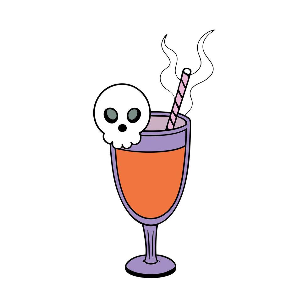 Spooky Halloween cocktail with ghostly mist served in a skull glass. Creepy and festive drink for the holiday. vector