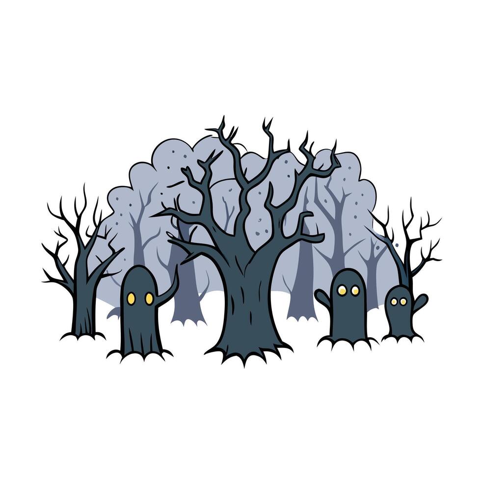 Spooky forest art with gnarled trees mist and lurking creatures creating a mysterious and haunting ambiance perfect for Halloween. simple minimalist illustration creative vector
