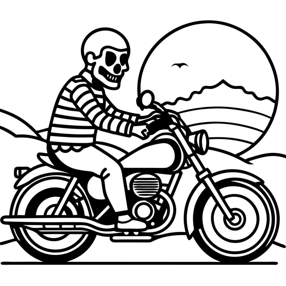 Skeleton biker rides a motorcycle into the sunset. vector
