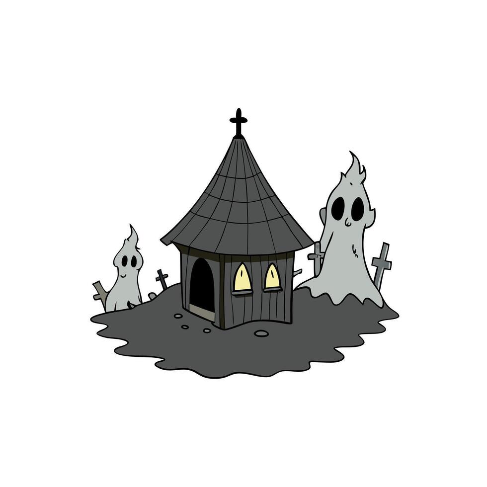 Spooky Ugly Huts at Autumn Misty Mystical Ghost Village 3D Art Illustration. Witch Street of Creepy Old Small Town Halloween Horror Background. AI Neural Network Art Wallpaper vector