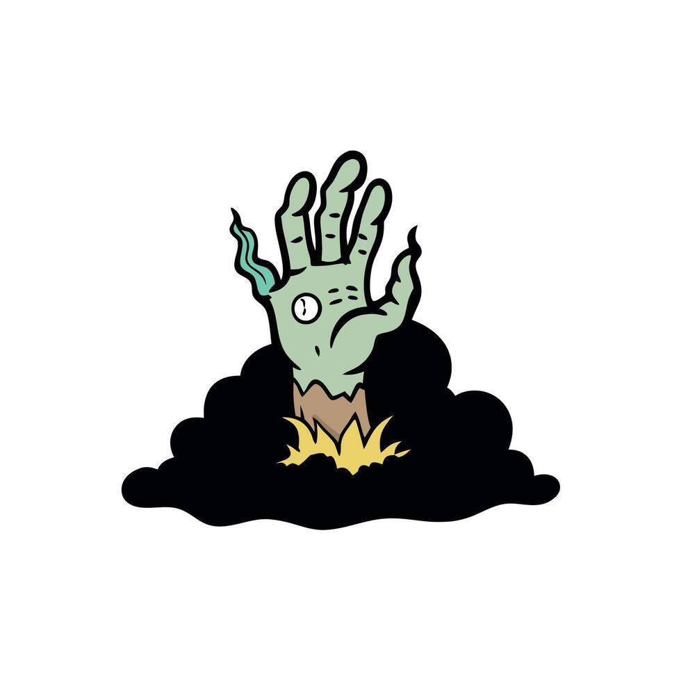 Spooky zombie hand rising out from the ground with smoke and black background. Halloween concept vector