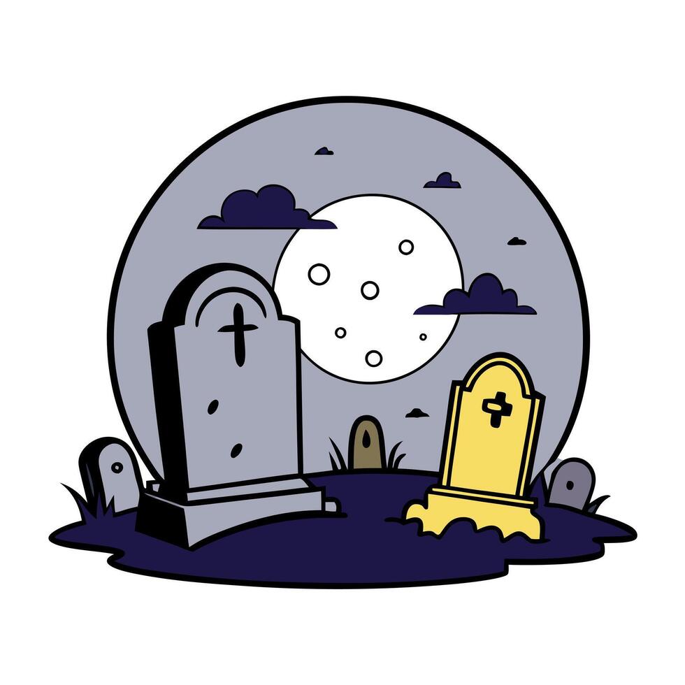 Spooky cemetery landscape with old tombstones and fog. Full moon spooky horror landscape. vector