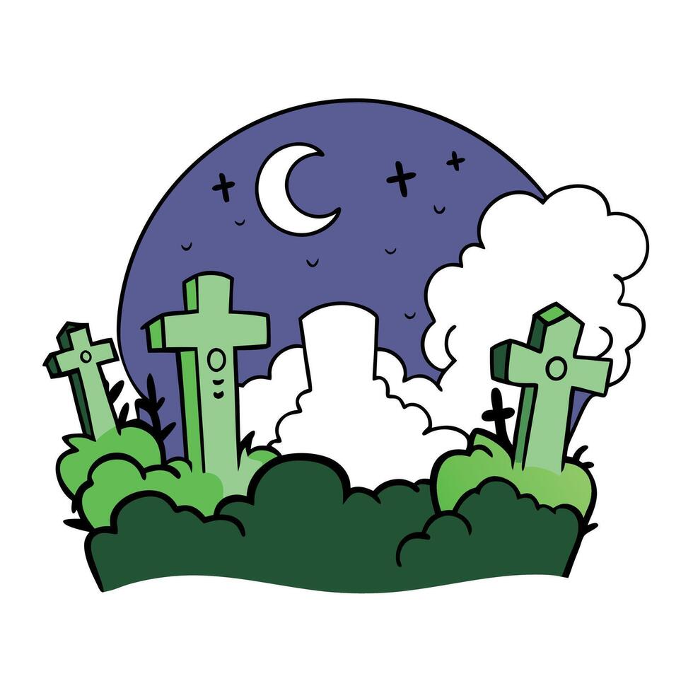 Spooky graveyard with double cross and several tombstones covered with moss and vines. meanwhile mystical glowing fog fills the air. in the full moon vector