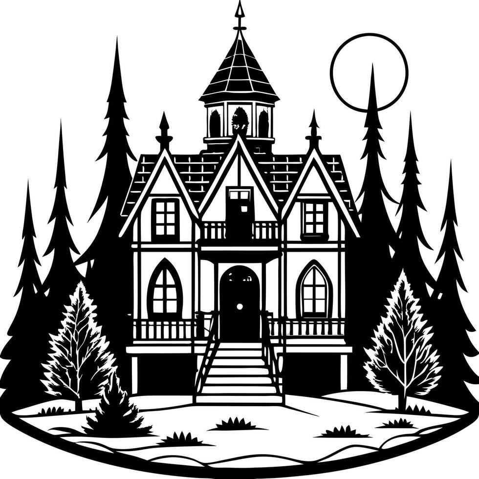 Sinister Spooky Mansion in the Edge of Mystical Forest 3D Art Illustration. Creepy Witch House of Ghost Village Halloween Horror Movie Mysterious Background. AI Neural Network Art Wallpaper vector