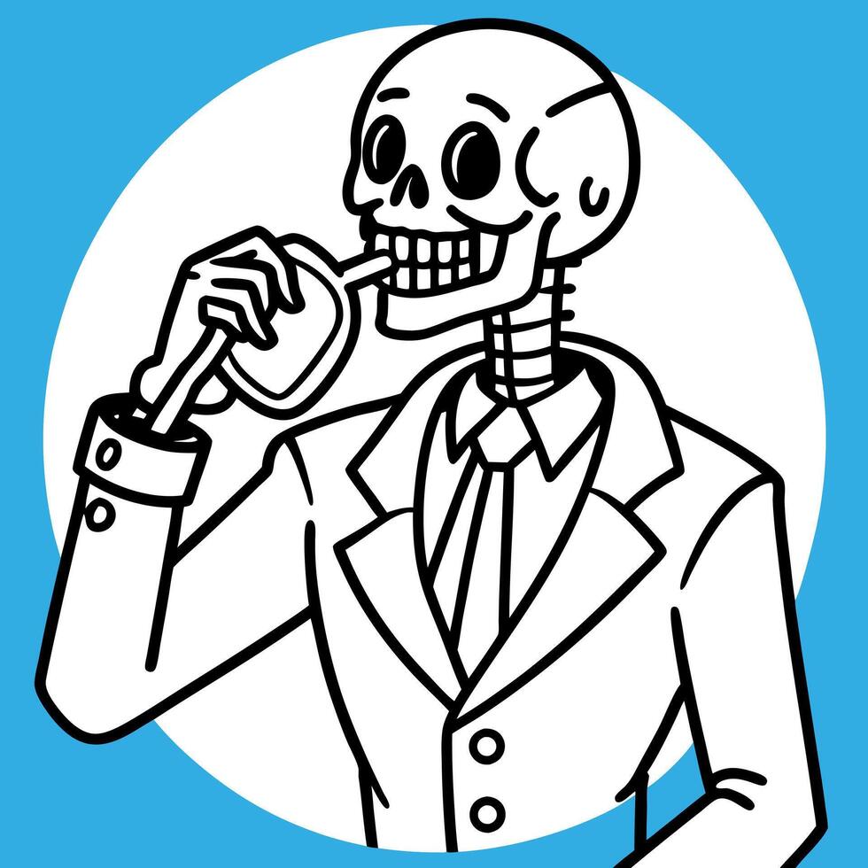 Skeleton in suit drinking hard liquor from the flask on the bright blue and pink background vector