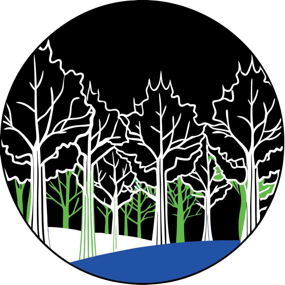 Silhouettes of trees in a dark night forest with a blue and green of fog. vector