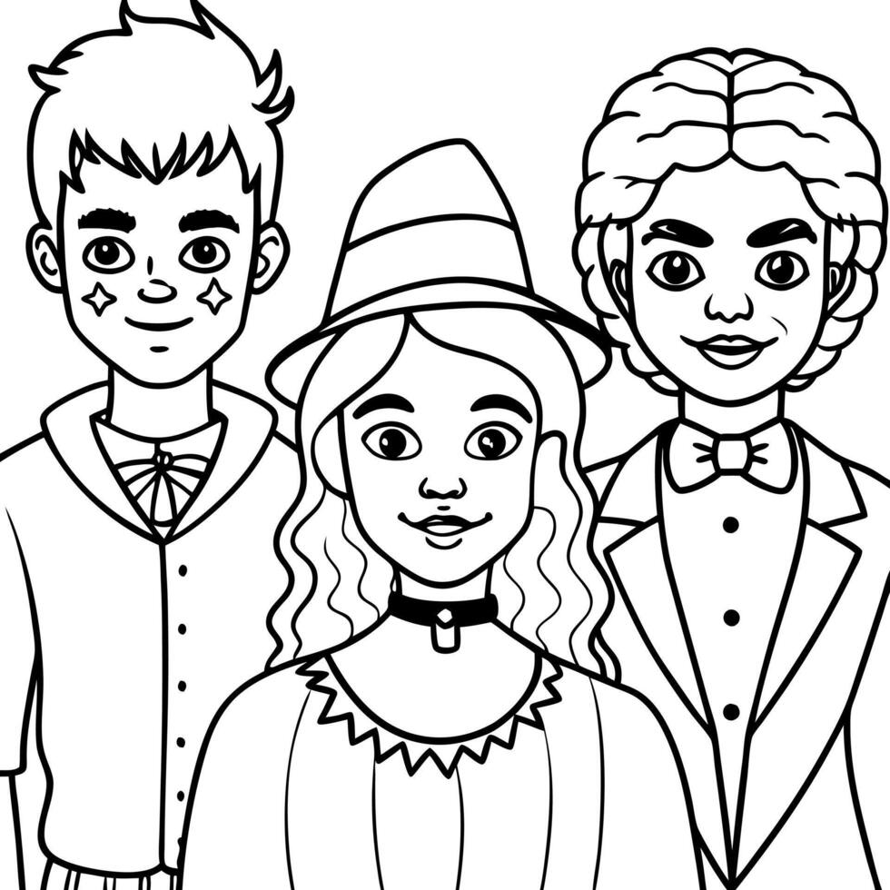 Student friedns dressed up in Halloween costume. Girl and boy in Halloween makeup. Street portrait of Halloween parade participants. vector
