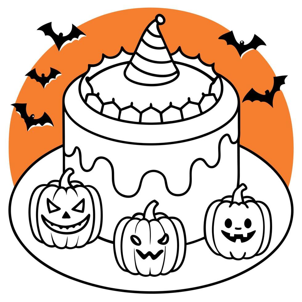 Spooky Halloween cake decorated with bats and pumpkins on orange background. vector