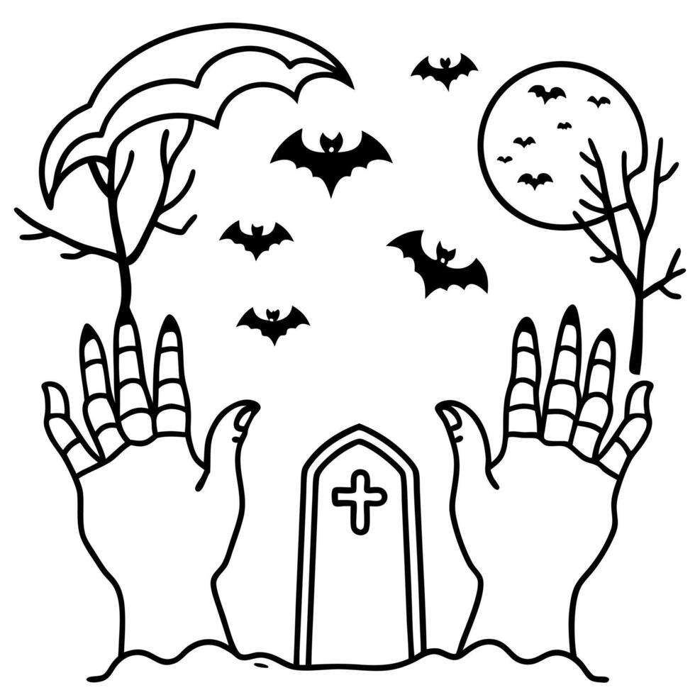 Spooky Halloween atmosphere in a grave yard ground two hands and bats in air. vector