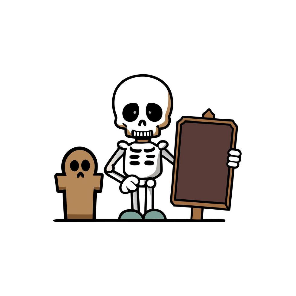Skeleton holding wooden sign with copy space among the Tombstones for Halloween vector