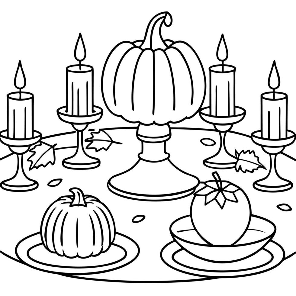 Table setting with pumpkins and candles in restaurant. Halloween and thanksgiving concept vector