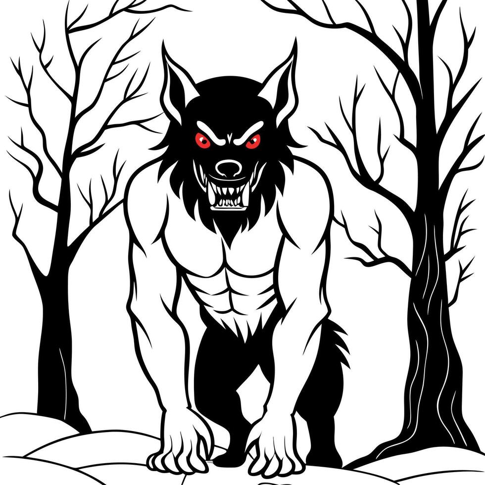 Sinister wolf shifter with red eyes in gloomy night forest shrouded in mist. scary werewolf grin in ominous dark woods ready for attack victim. evil werewolf hunter with red eyes. vector